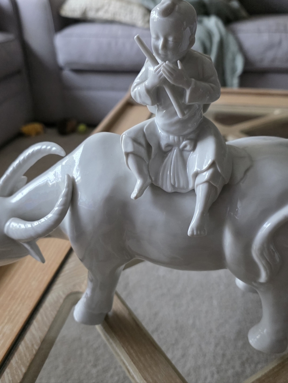 White Glazed Porcelain Boy on Bull Figurine - Decorative Home Art